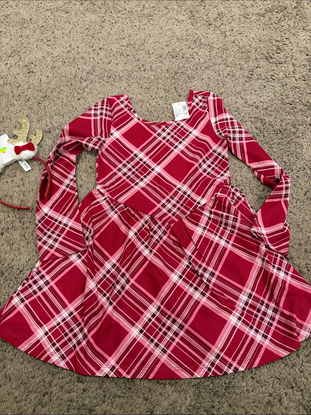 Red Plaid Long Sleeve Holiday Dress and adorable head band